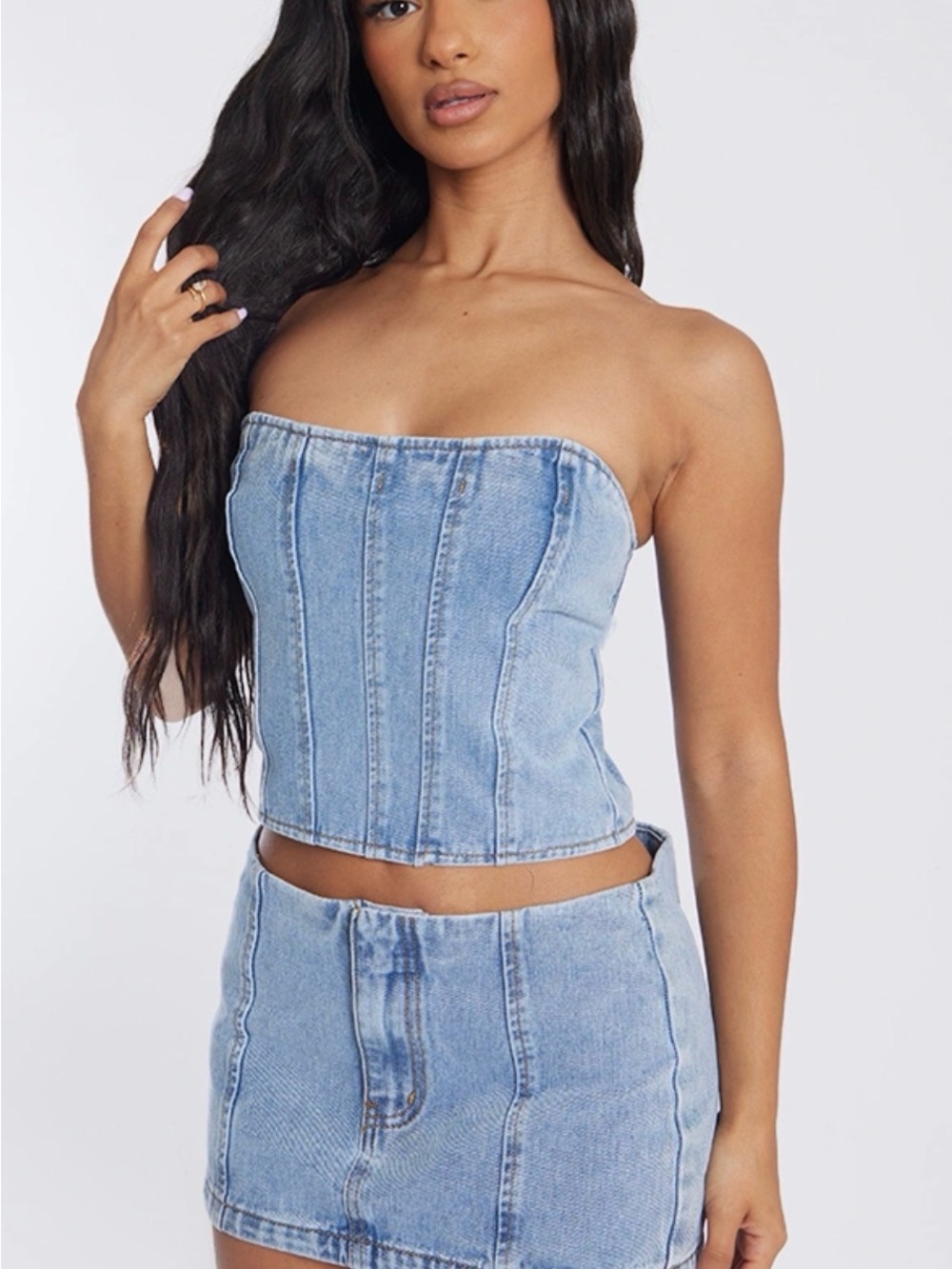 PrettyLittleThing Light Blue Denim Corset Bandeau Top